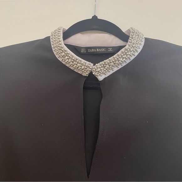 Black Zara Basic Mini Dress with Bell Sleeves and Bedazzled Collar - Picture 4 of 6